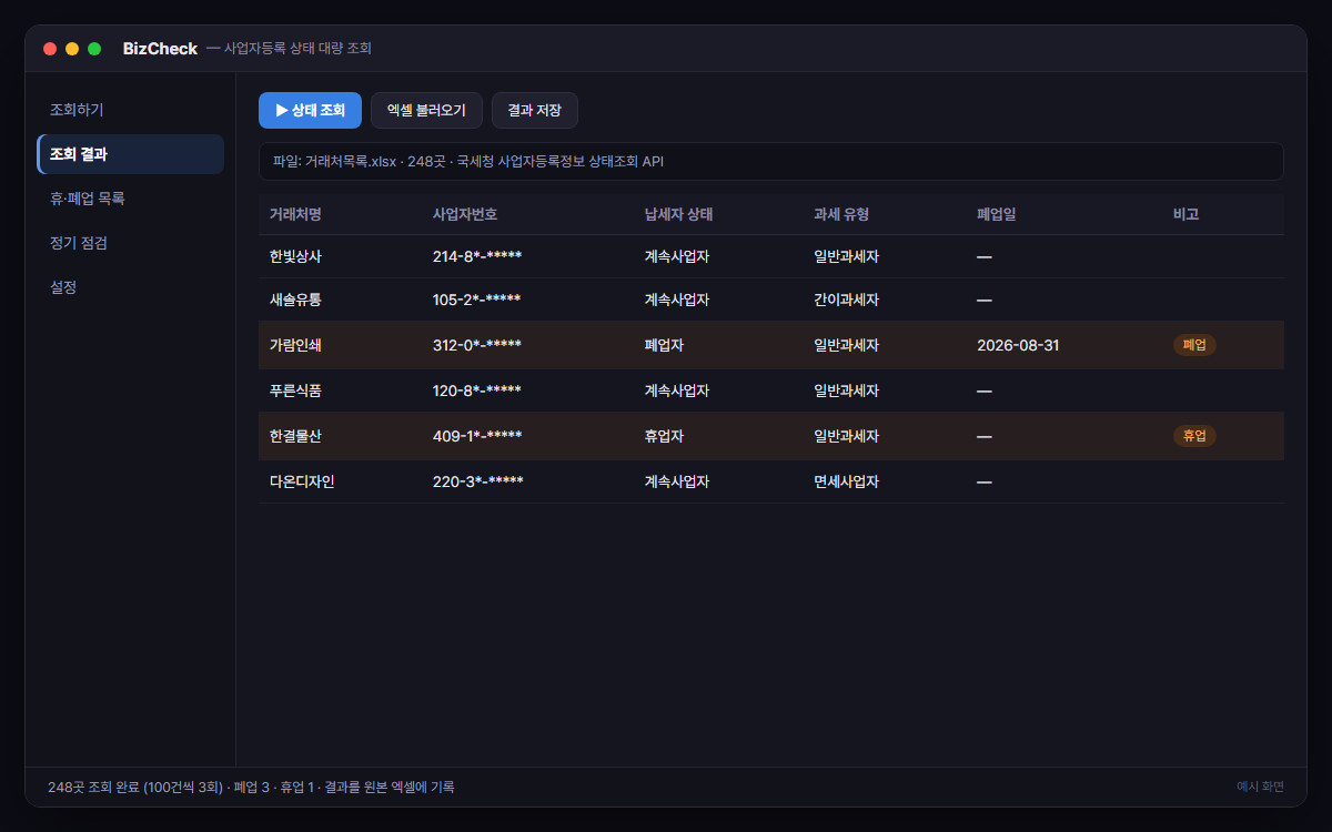 사업자등록 상태 대량 조회 (휴·폐업 판별) 예시 화면
