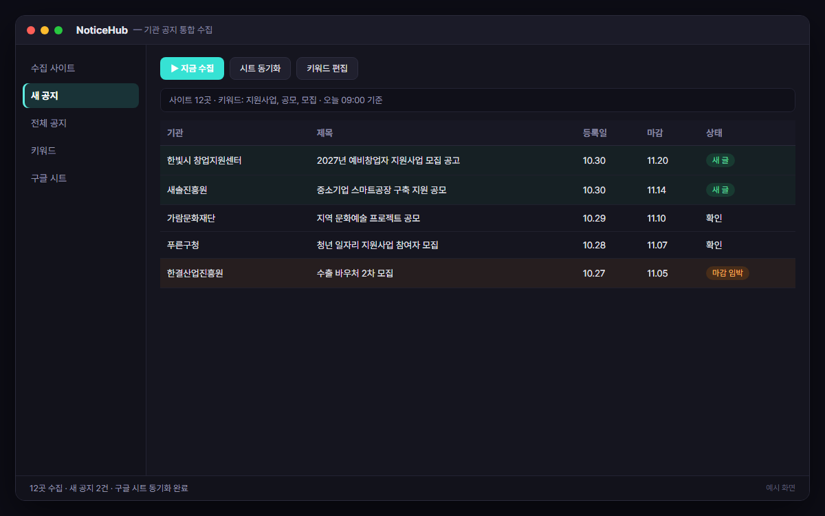 여러 기관 공지사항 통합 수집 · 구글 시트 정리 예시 화면
